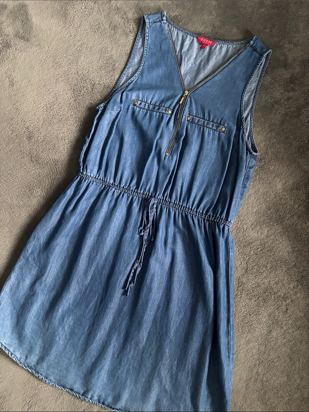 Guess Denim Sleeveless Drawstring Dress with Gold Zip